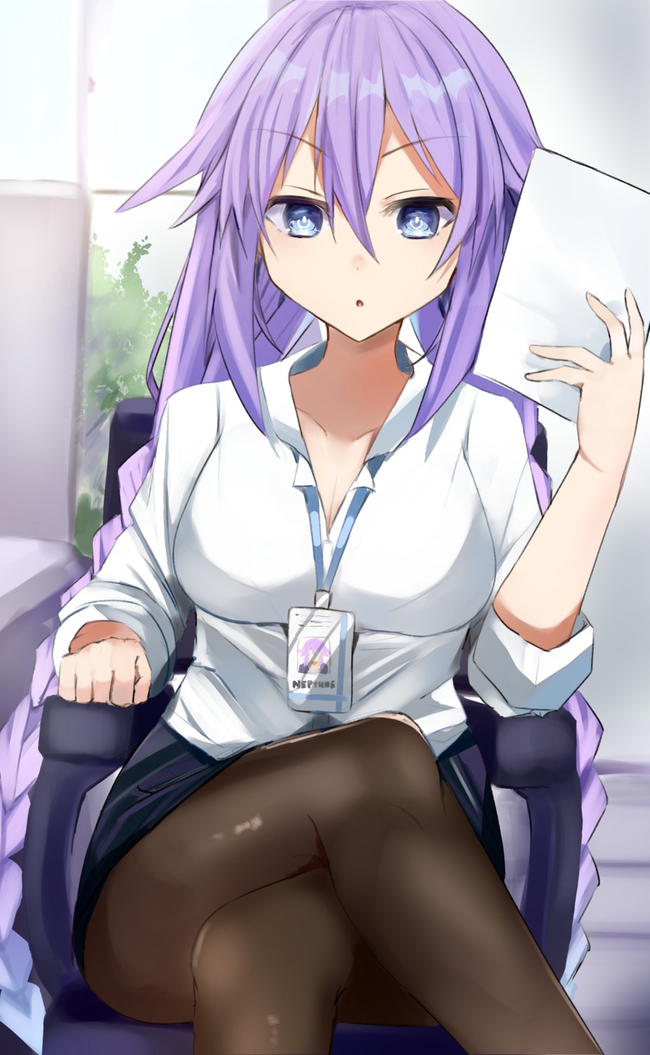 bimmy, choujigen_game_neptune, cleavage, dress_shirt, pantyhose, purple_heart, skirt_lift