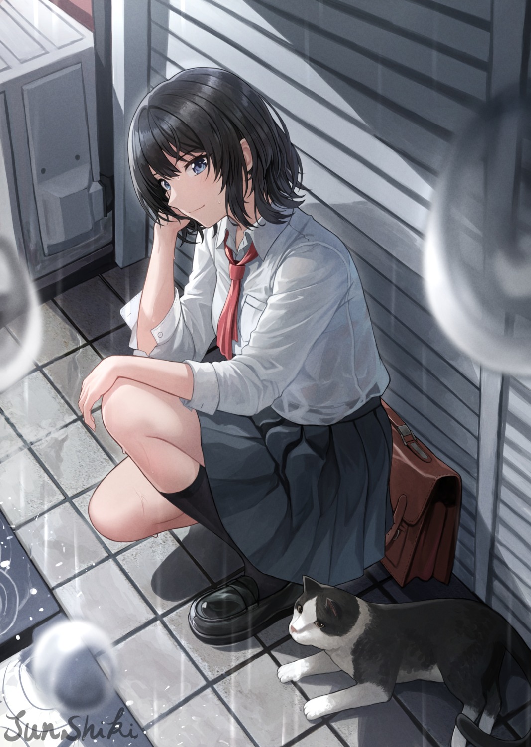 junshiki, neko, see_through, seifuku, skirt_lift, wet, wet_clothes