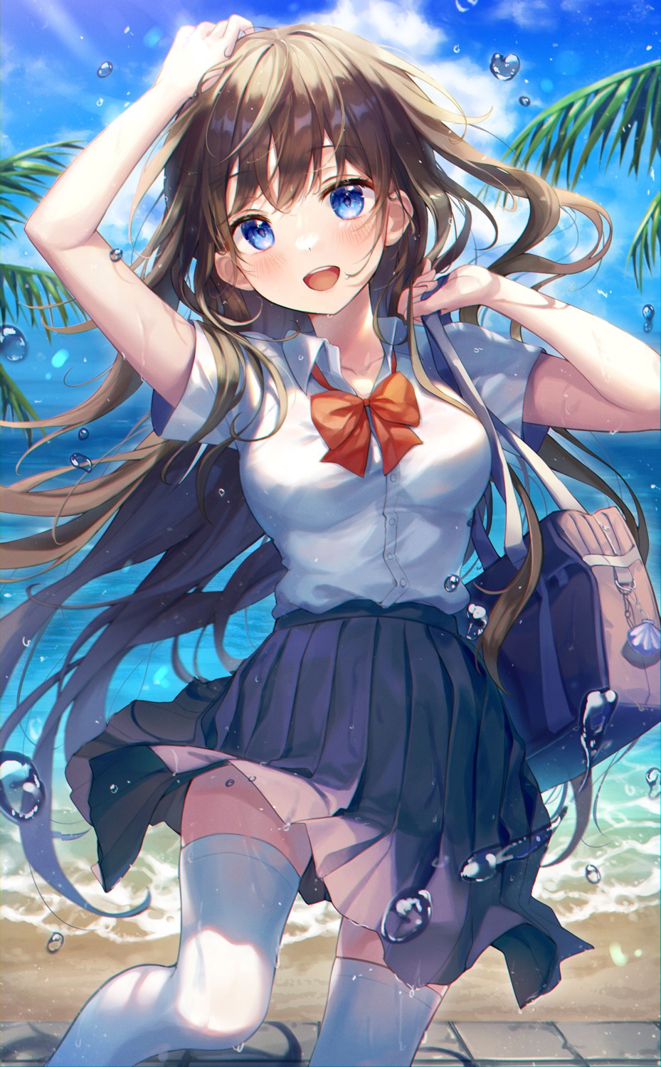 aibek, seifuku, skirt_lift, thighhighs, wet, wet_clothes