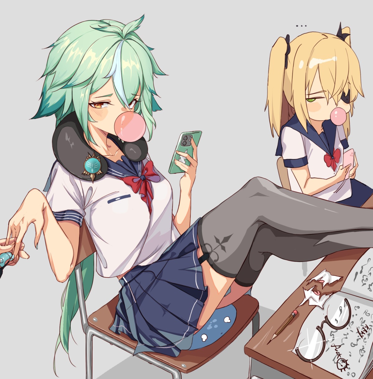 eyepatch, fischl, genshin_impact, kkry99, seifuku, skirt_lift, stockings, sucrose, thighhighs