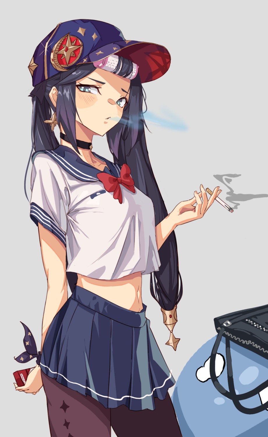 genshin_impact, kkry99, mona_megistus, pantyhose, seifuku, smoking