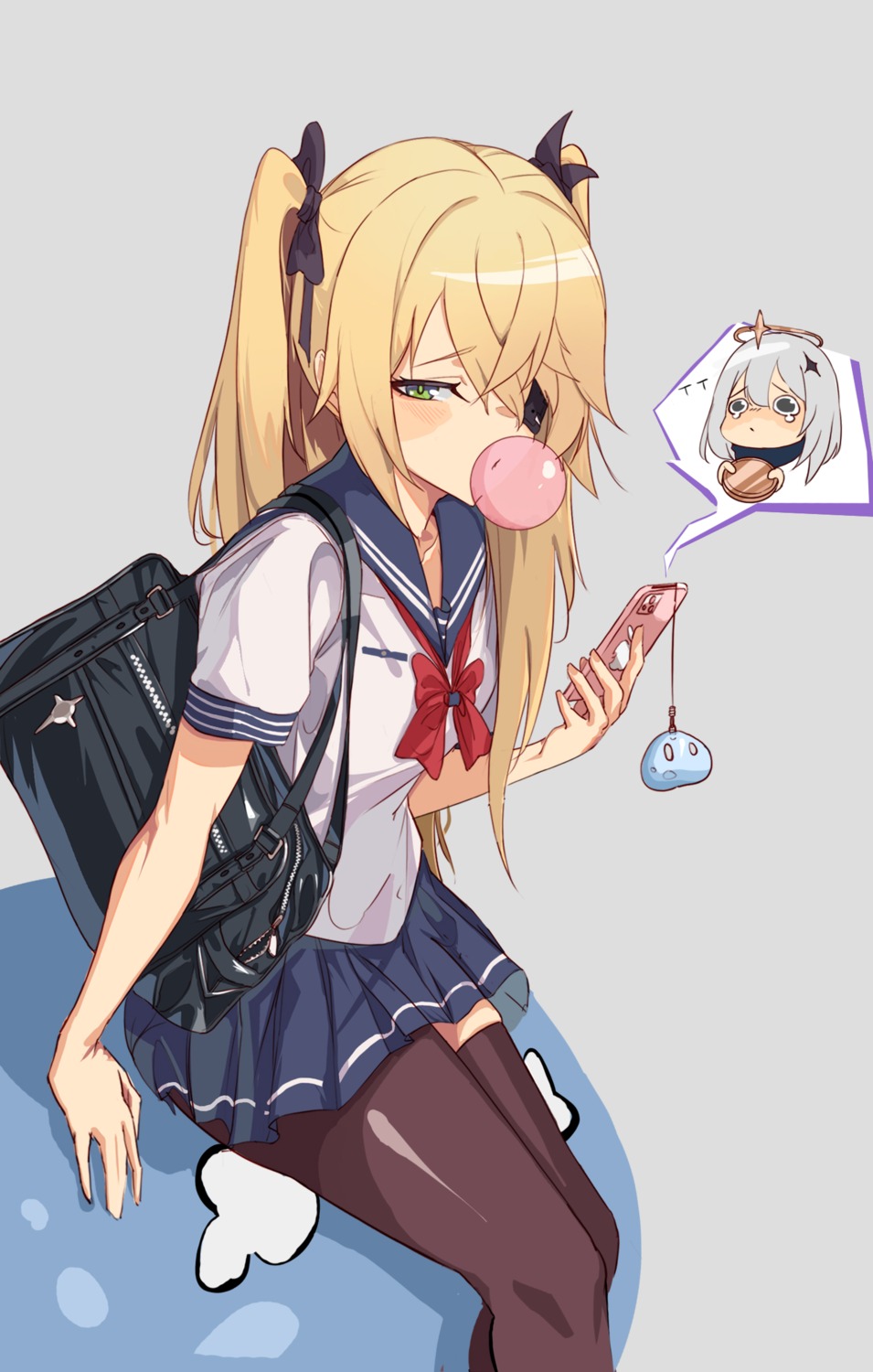 eyepatch, fischl, genshin_impact, kkry99, paimon, seifuku, thighhighs