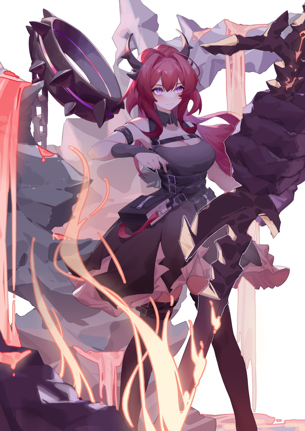 arknights, cleavage, dress, garter, horns, shui_buzhao_de_chong, surtr_(arknights), sword, thighhighs