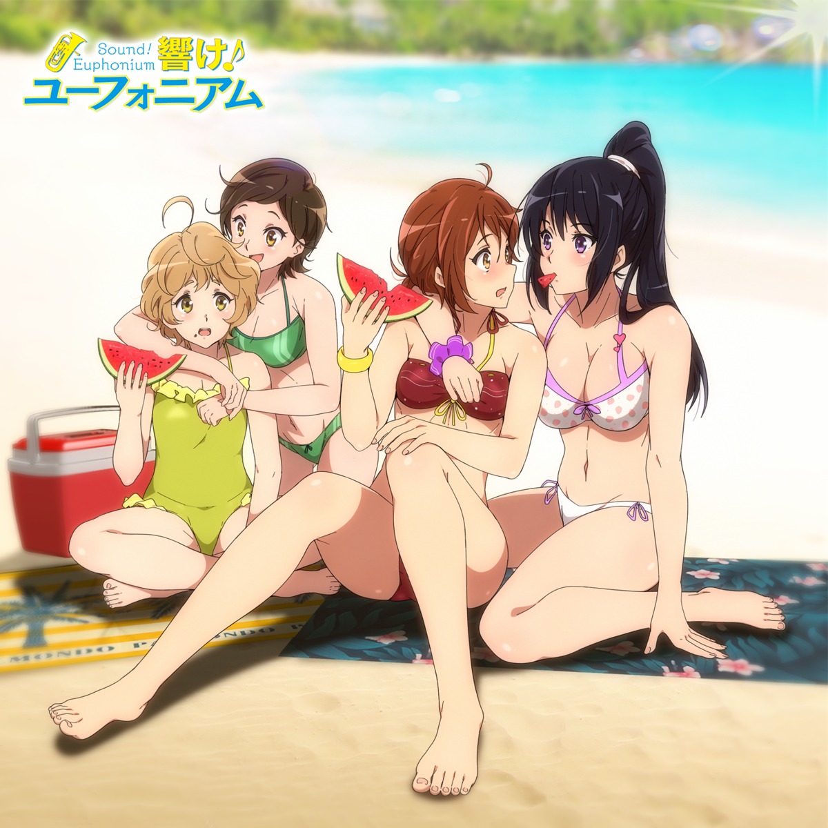 bikini, cleavage, feet, hibike!_euphonium, katou_hazuki_(hibike!_euphonium), kawashima_sapphire, kousaka_reina, oumae_kumiko, sbel02, swimsuits, yuri