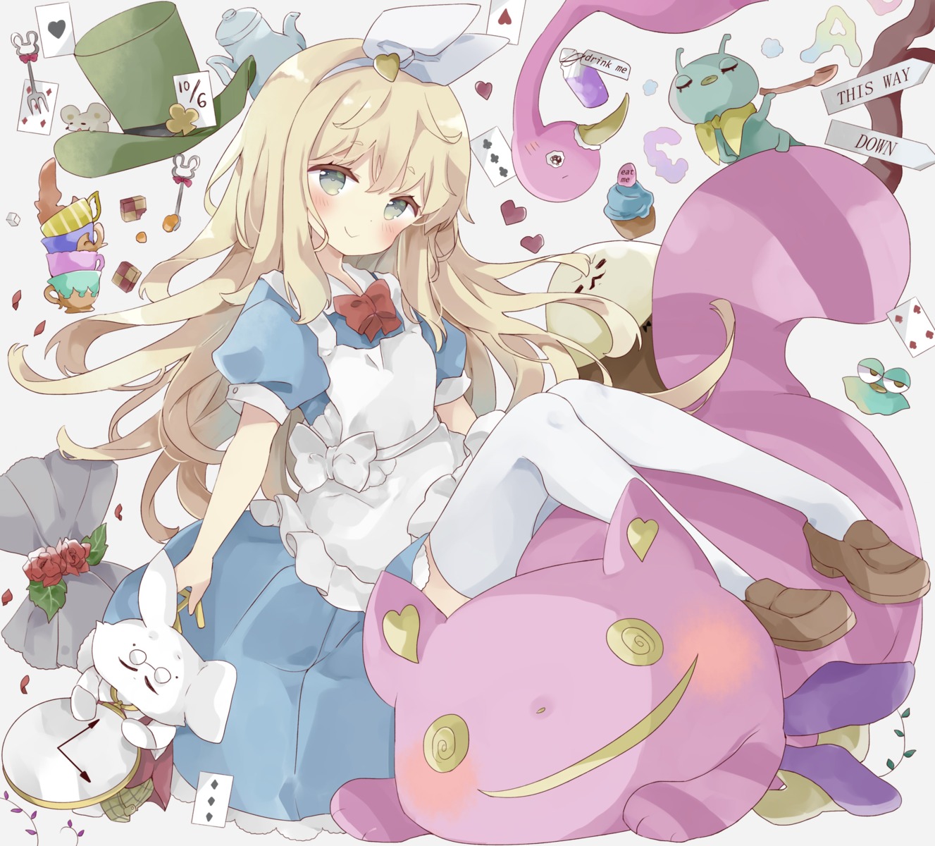 alice, alice_in_wonderland, dress, skirt_lift, thighhighs, tsukiyo_(skymint)