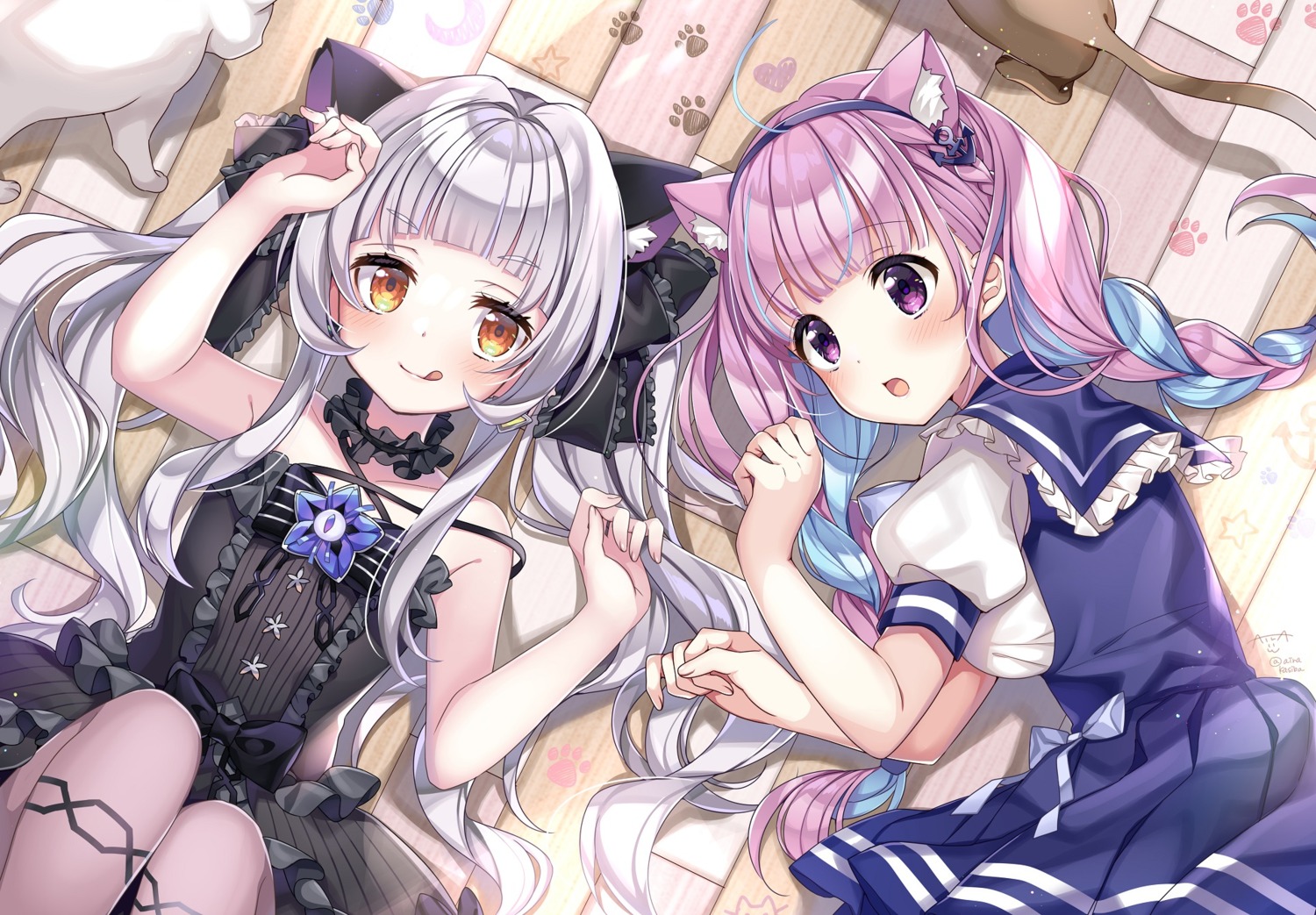 animal_ears, dress, gothic_lolita, hololive, kashiba_aira, lolita_fashion, minato_aqua, murasaki_shion, neko, nekomimi, seifuku, skirt_lift