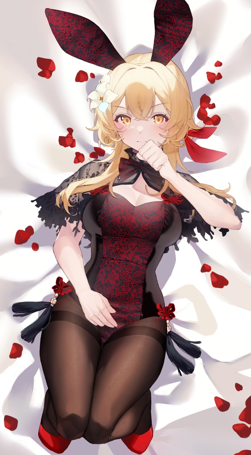 animal_ears, bunny_ears, bunny_girl, cleavage, genshin_impact, lumine, pantyhose, see_through, tia_(tia_1207)