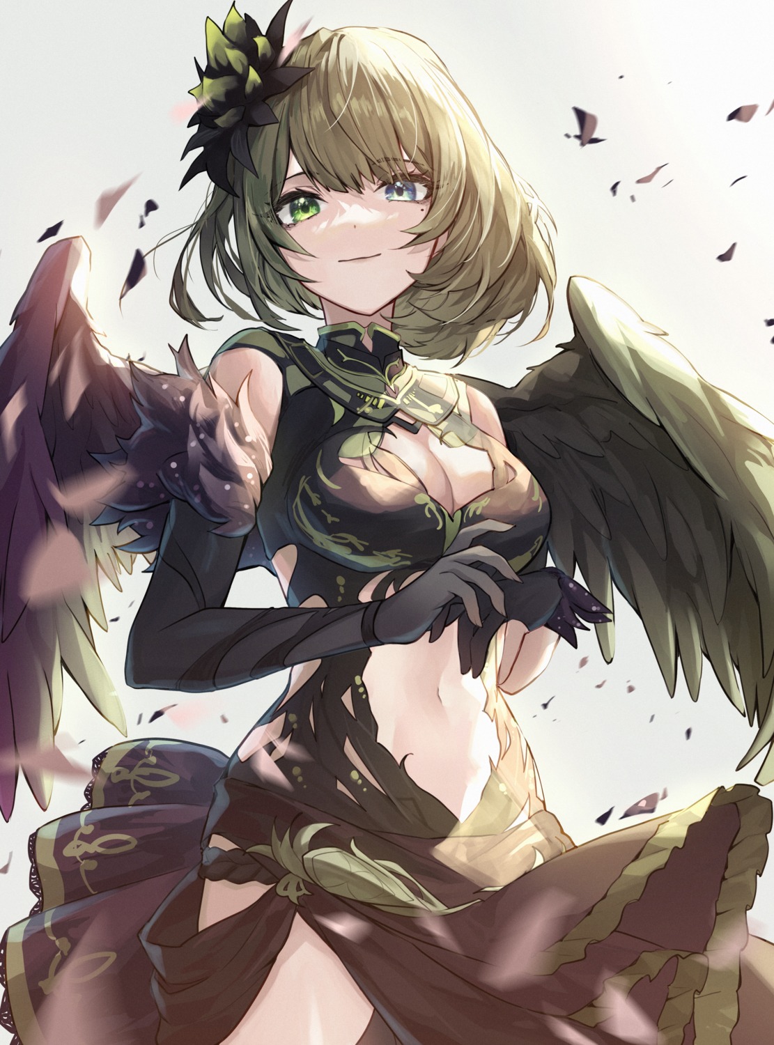 cleavage, heterochromia, shino_sto, skirt_lift, takagaki_kaede, the_idolm@ster, the_idolm@ster_cinderella_girls, wings