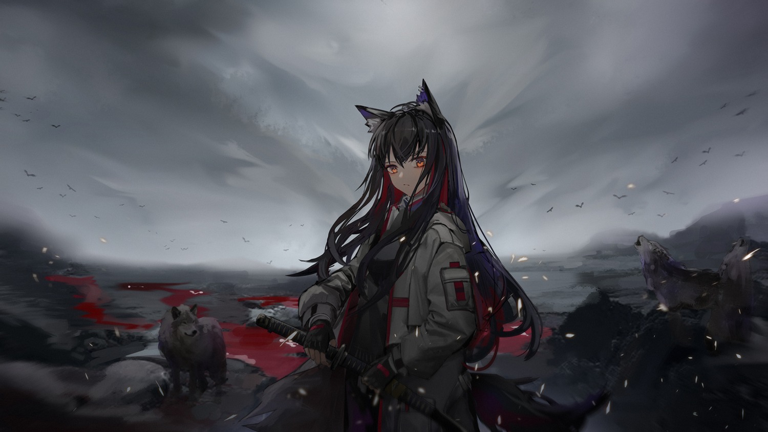 animal_ears, arknights, sword, tail, texas_(arknights), wallpaper, yuuki_mix