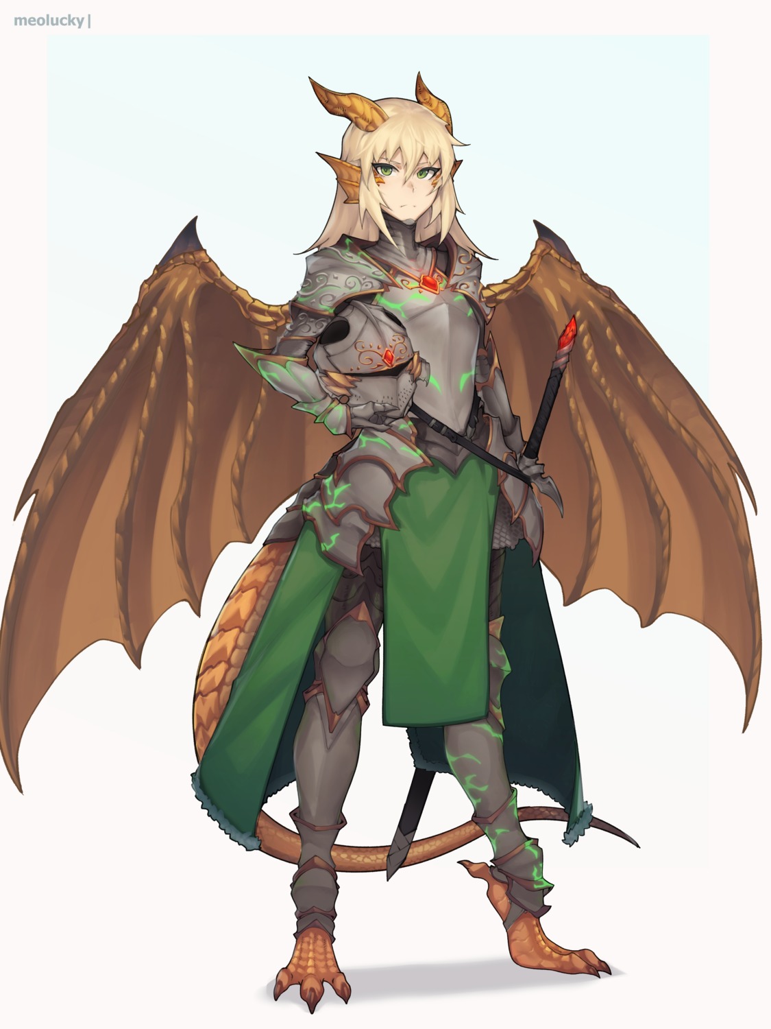 armor, horns, monster_girl, ovosh147, sword, tail, wings