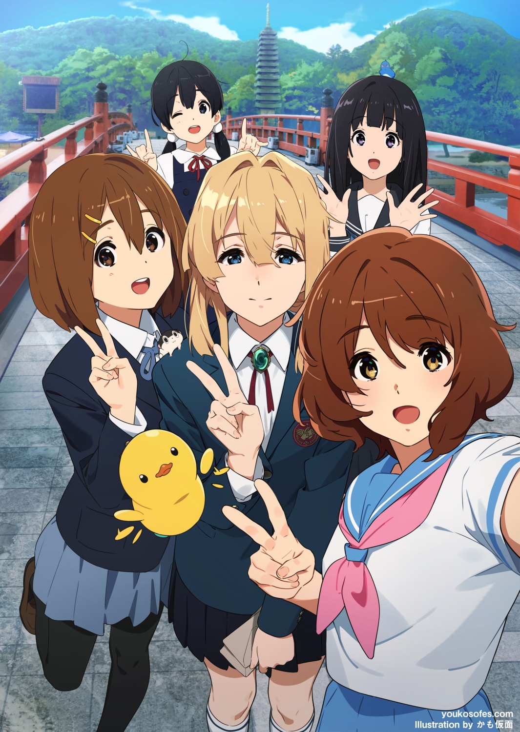 chitanda_eru, crossover, hibike!_euphonium, hirasawa_yui, hyouka, k-on!, kamo_kamen, kitashirakawa_tamako, oumae_kumiko, pantyhose, seifuku, selfie, tamako_market, violet_evergarden, violet_evergarden_(character)