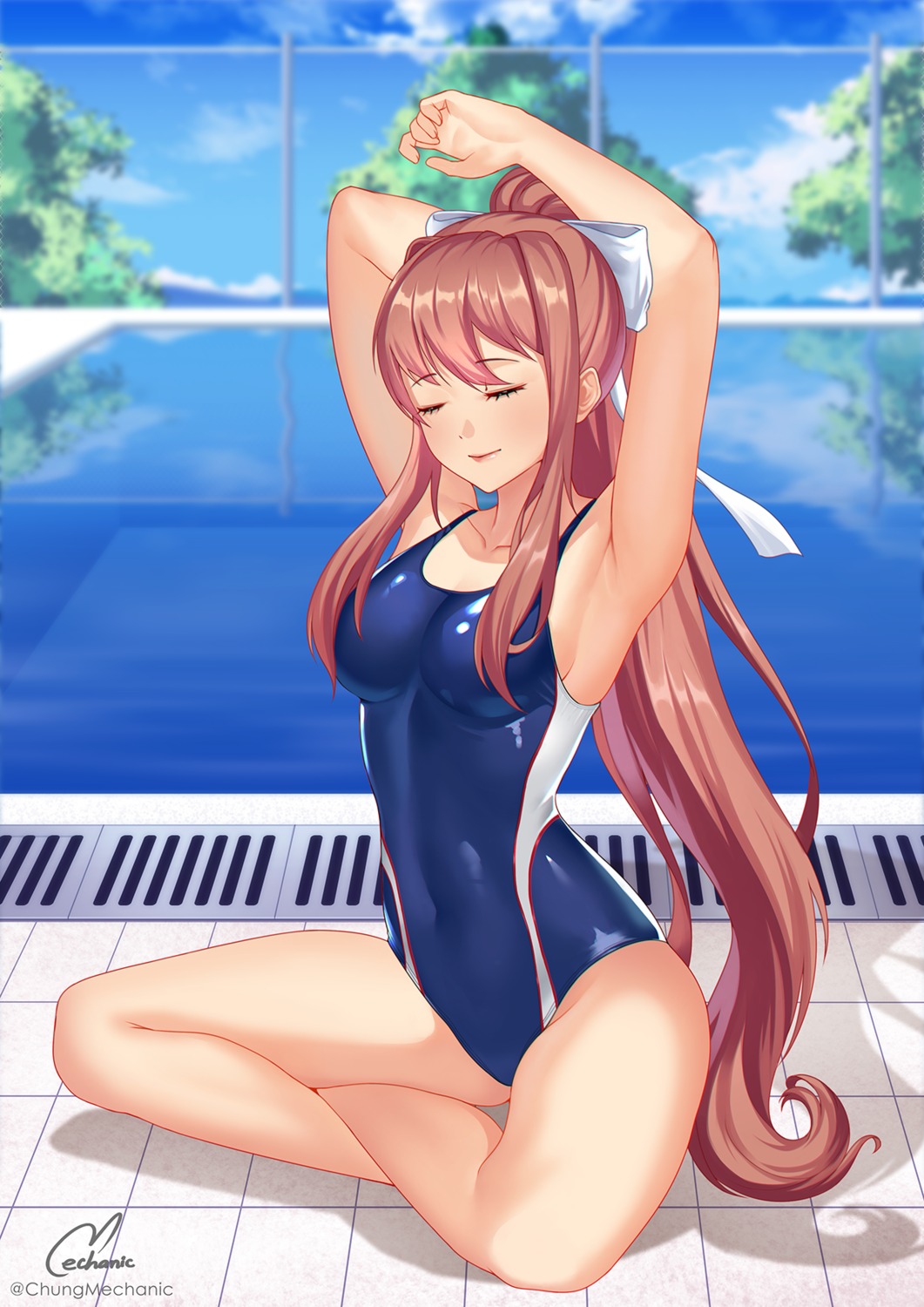 chungmechanic, doki_doki_literature_club!, monika_(doki_doki_literature_club!), swimsuits