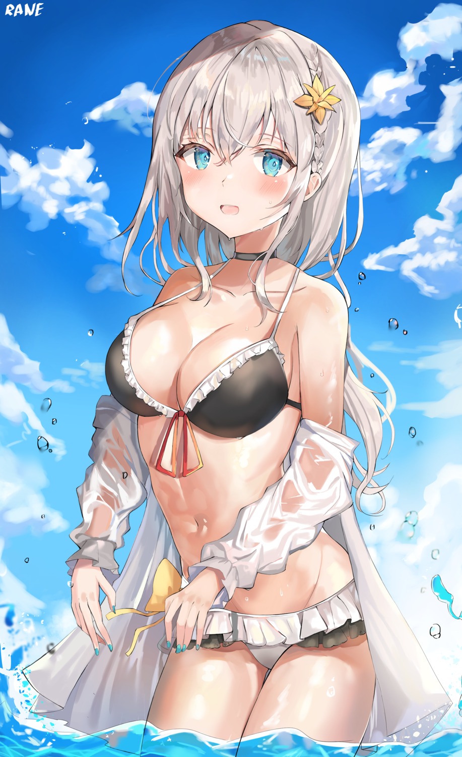 bikini, harune_rane, open_shirt, swimsuits, watermark, wet, wet_clothes