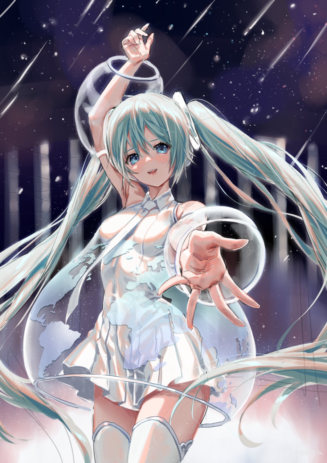 dress, hatsune_miku, hatsune_miku_expo, headphones, oohhya, see_through, sketch, thighhighs, vocaloid