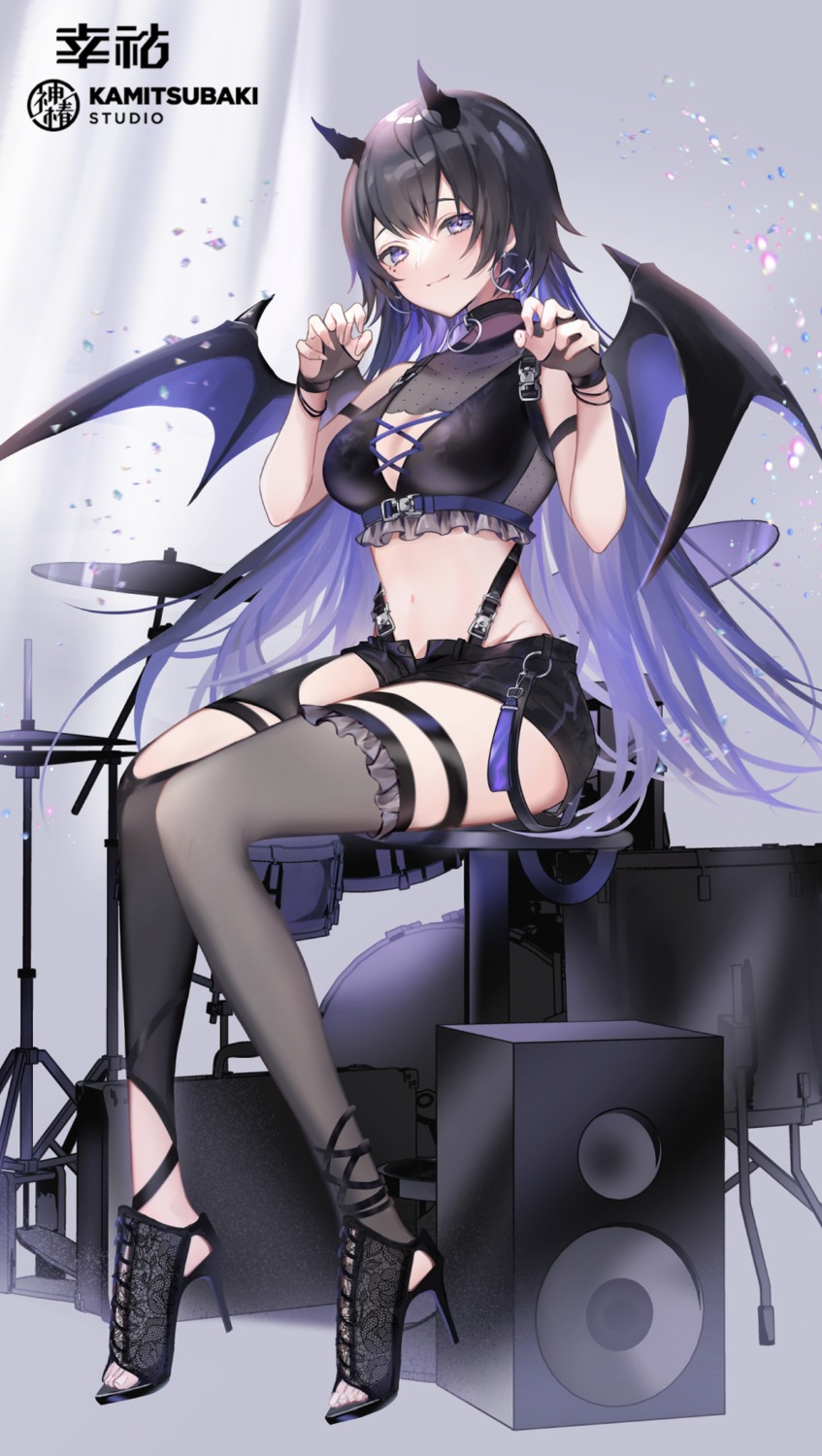 cleavage, garter, heels, horns, kamitsubaki_studio, koko_(kamitsubaki_studio), see_through, thighhighs, wings, yukimiya_yuge