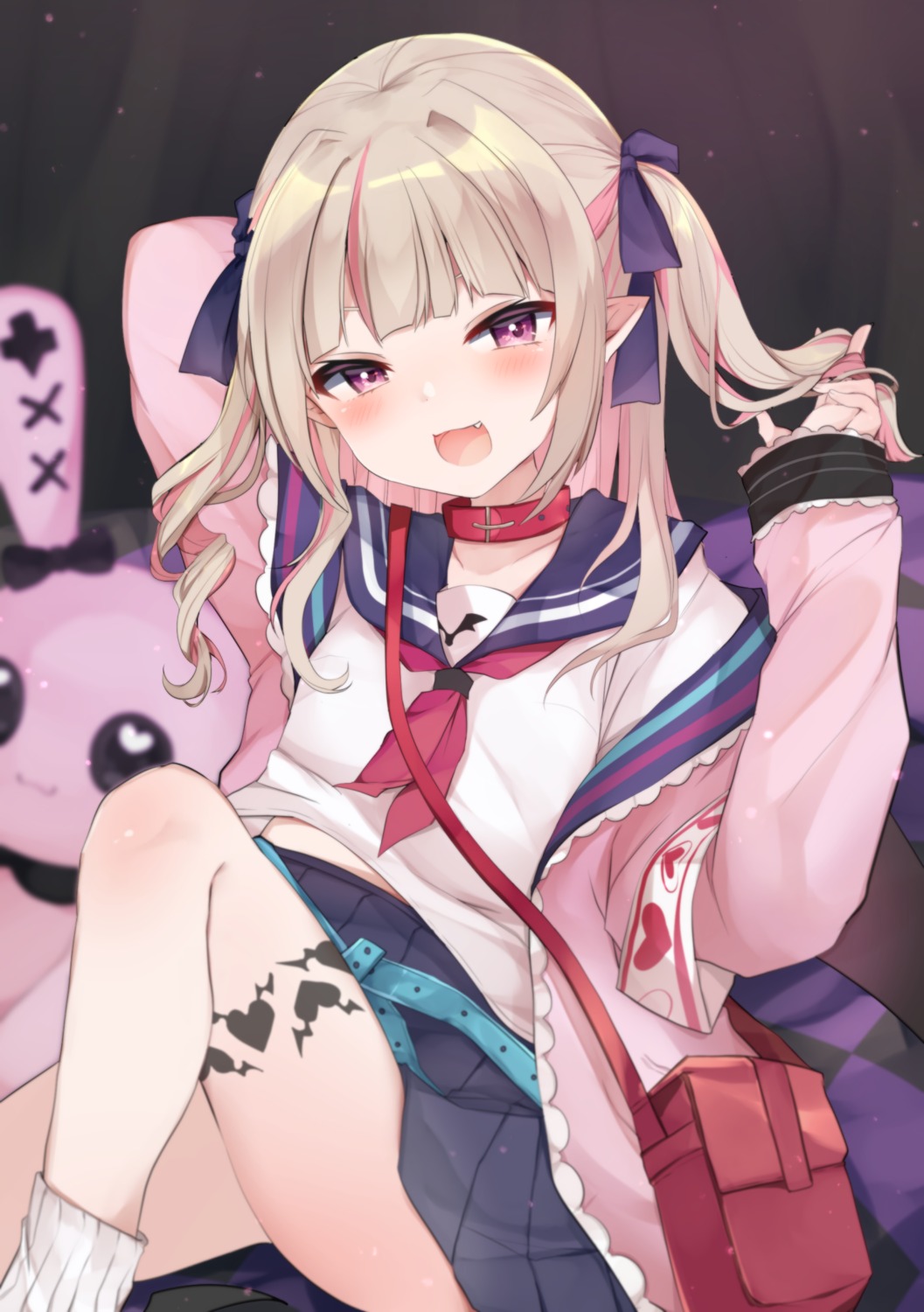 karasusou_nano, pointy_ears, seifuku, skirt_lift, tattoo