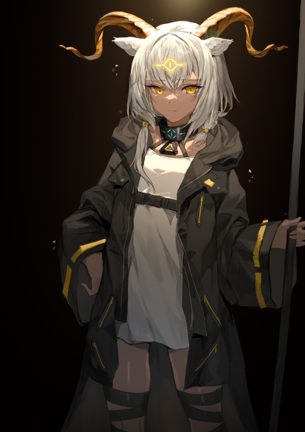 animal_ears, arknights, beeswax_(arknights), dress, garter, horns, molyb, weapon