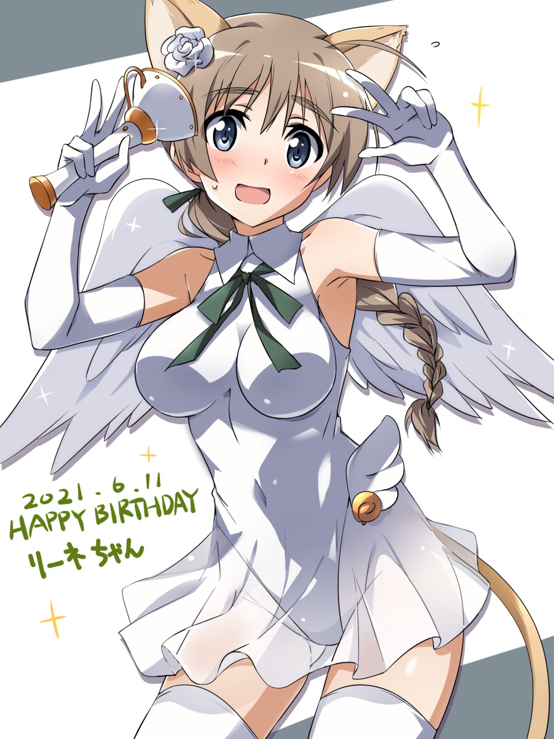 animal_ears, dress, lynette_bishop, nekomimi, no_bra, see_through, strike_witches, tail, thighhighs, tokiani, wings
