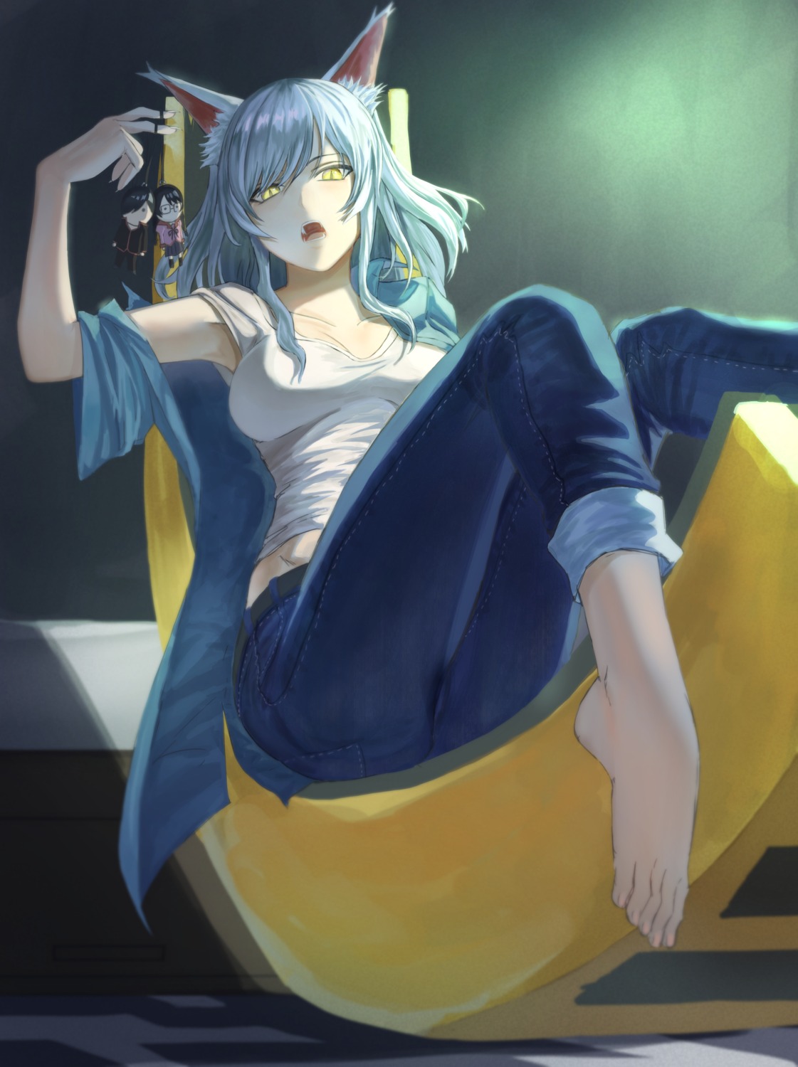 7aehyun, animal_ears, black_hanekawa, feet, hanekawa_tsubasa, monogatari_(series), nekomimi, nekomonogatari, no_bra
