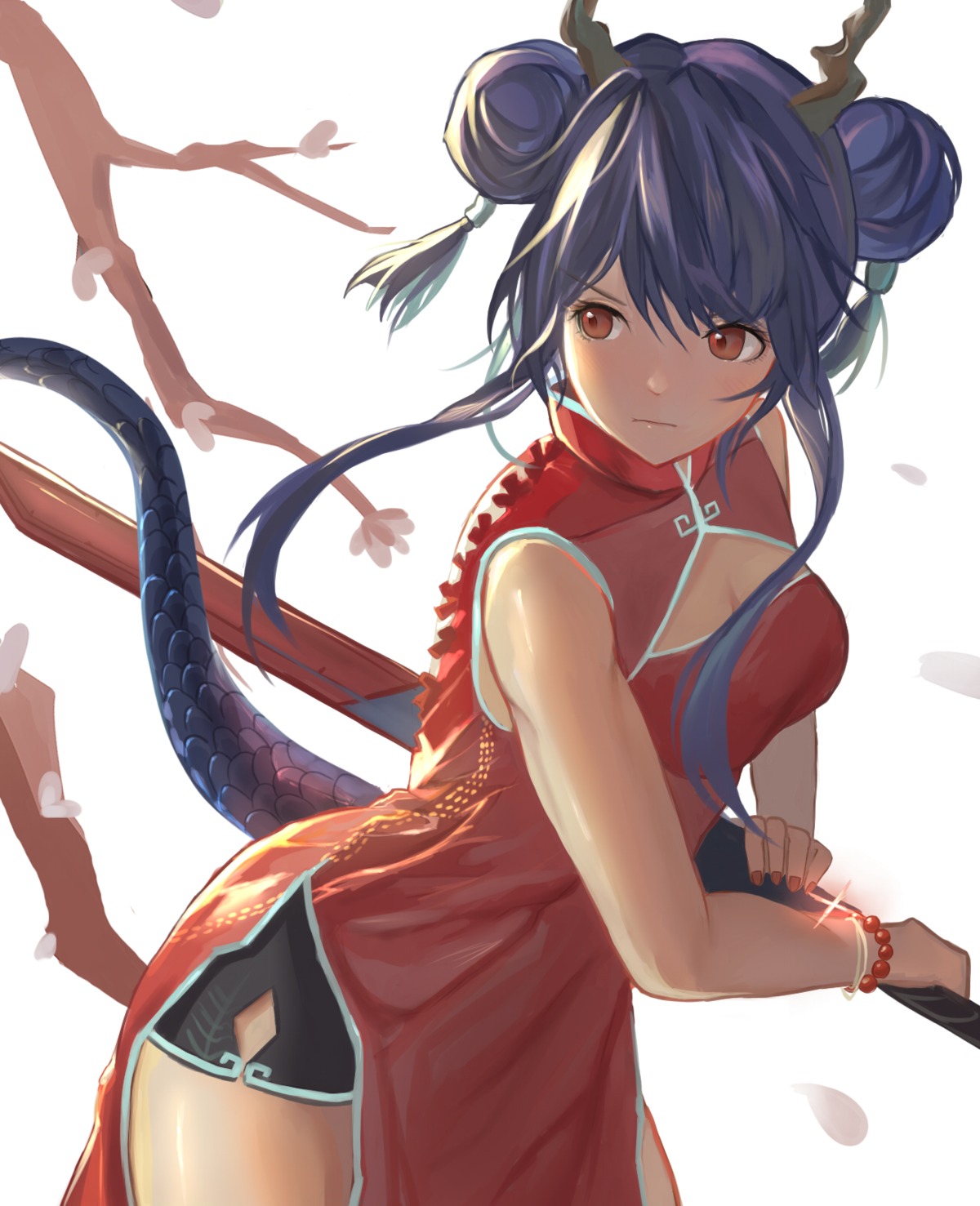 arknights, ch'en_(arknights), chinadress, dalimao, horns, no_bra, sword, tail