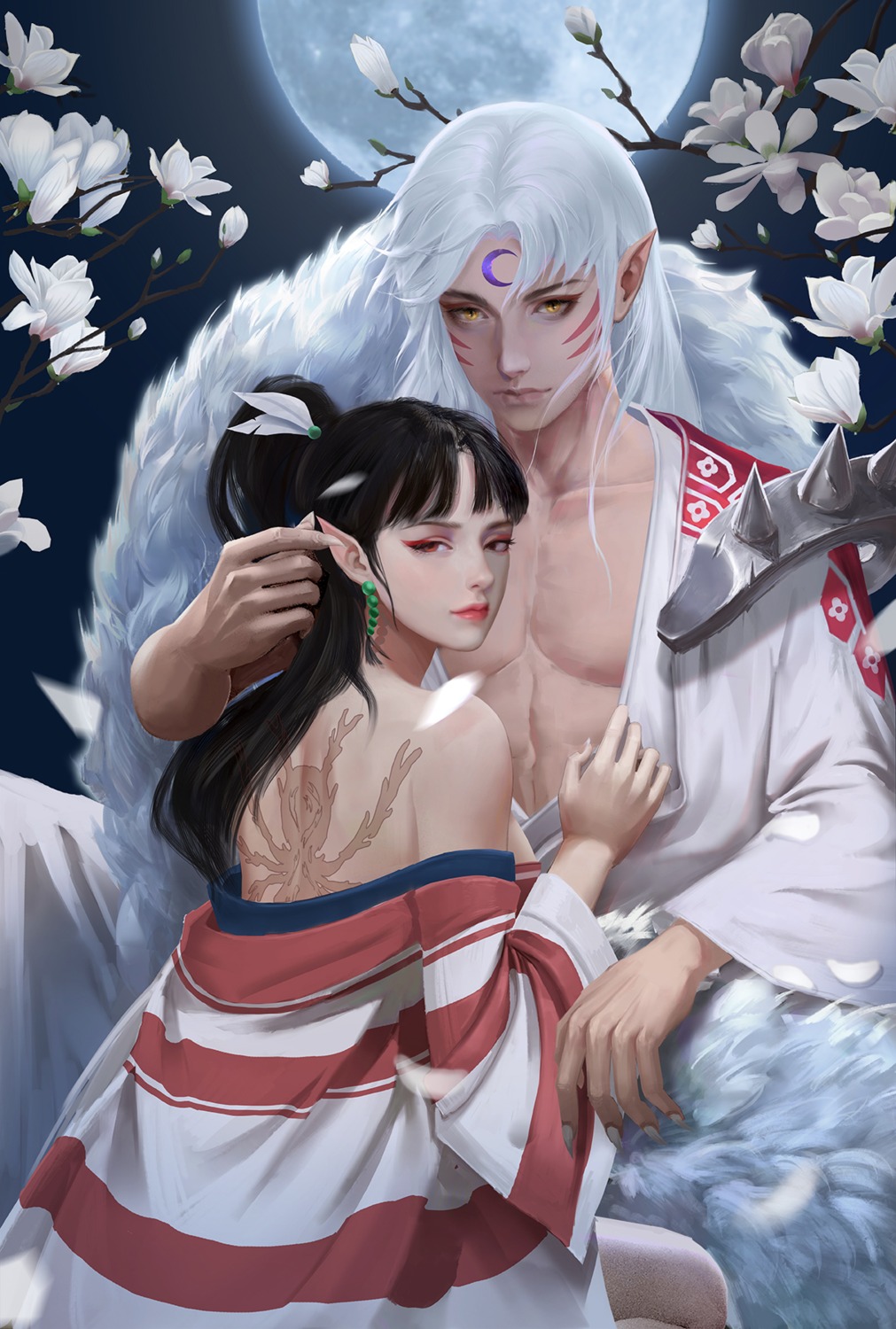 blessing, inuyasha, japanese_clothes, kagura_(inuyasha), no_bra, open_shirt, pointy_ears, sesshoumaru