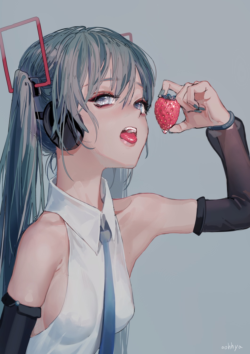 hatsune_miku, headphones, no_bra, oohhya, vocaloid