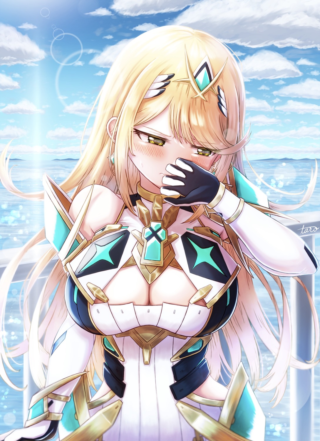 armor, cleavage, dress, hikari_(xenoblade_2), taro_(pixiv34317323), xenoblade_(series), xenoblade_2