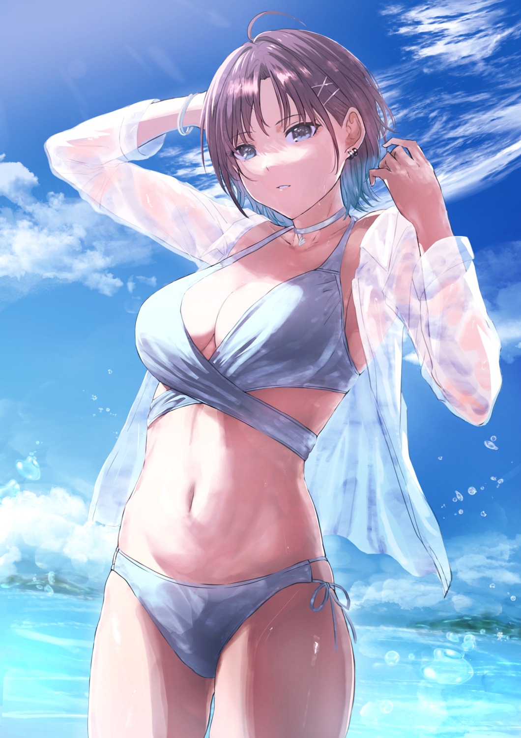 asakura_tooru, bikini, misaki_nonaka, open_shirt, see_through, swimsuits, the_idolm@ster, the_idolm@ster_shiny_colors
