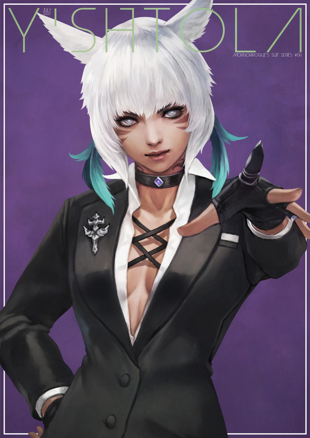 animal_ears, business_suit, cleavage, final_fantasy, final_fantasy_xiv, monori_rogue, nekomimi, no_bra