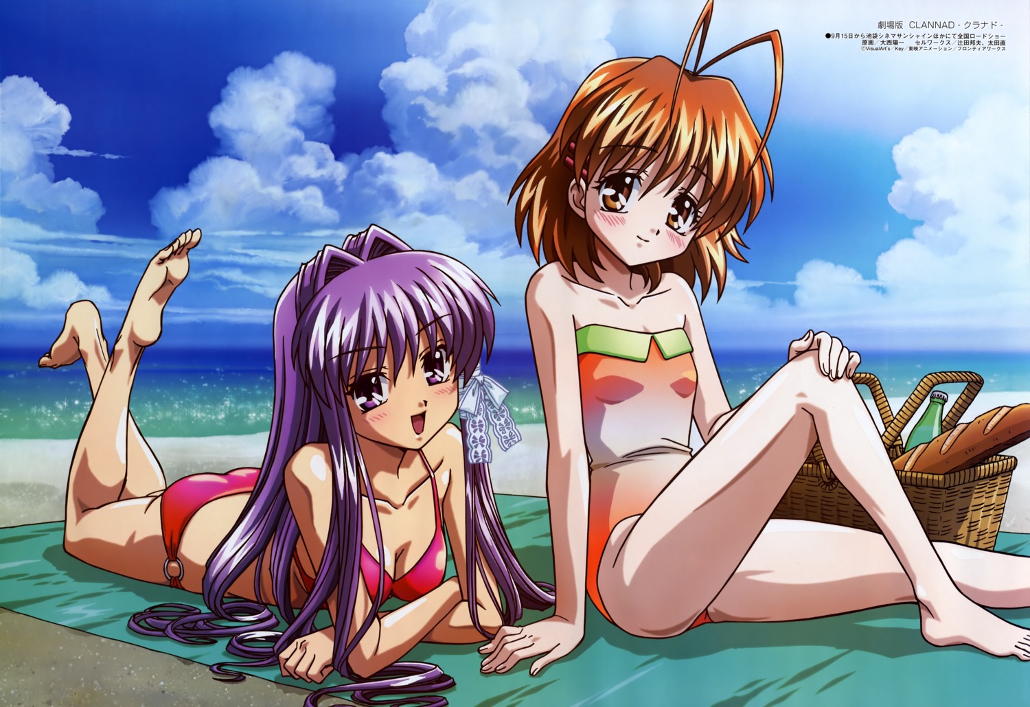 bikini, clannad, cleavage, feet, fujibayashi_kyou, furukawa_nagisa, oonishi_youichi, swimsuits