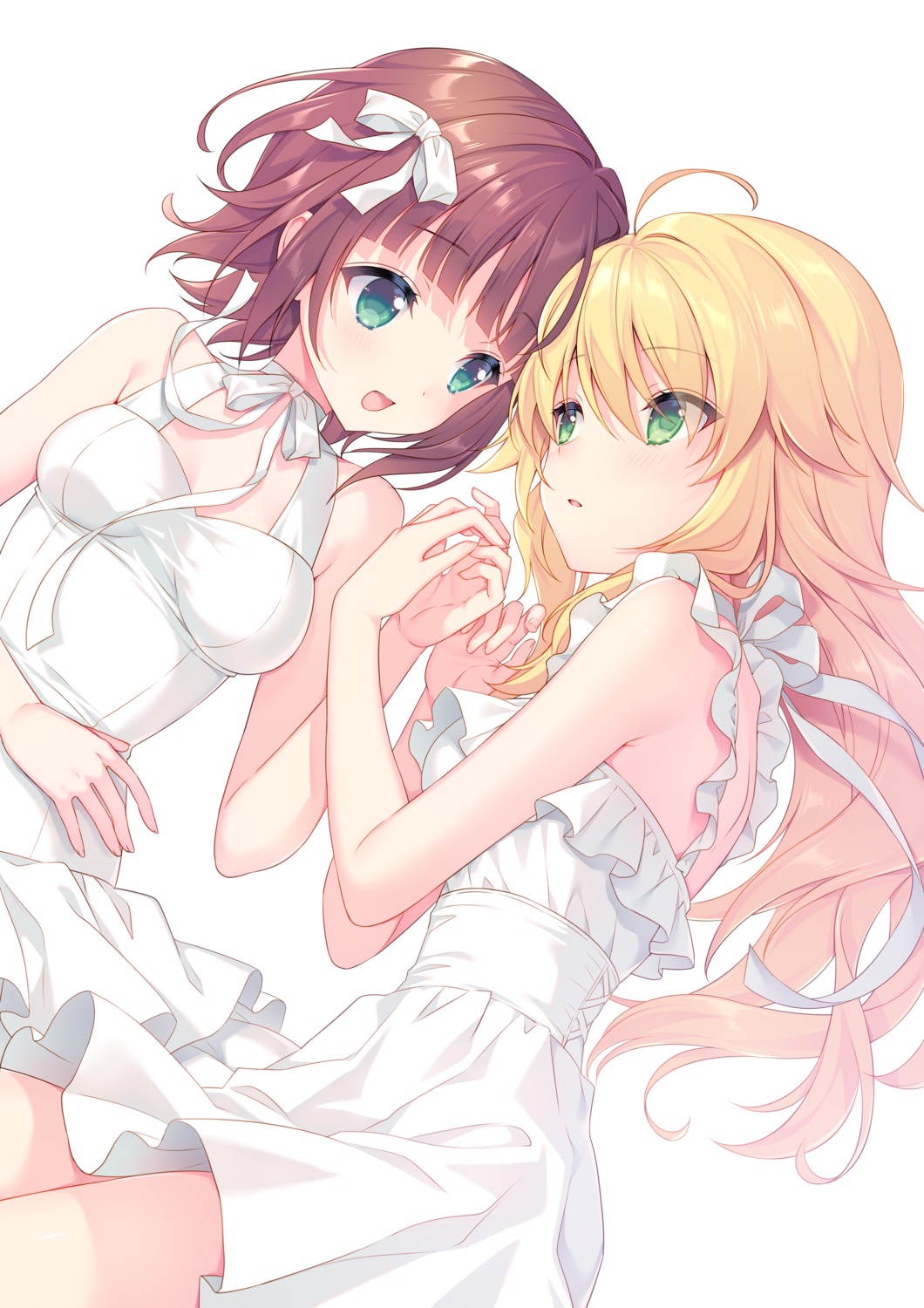 amami_haruka, dress, hoshii_miki, sakura_neko, skirt_lift, summer_dress, the_idolm@ster, yuri