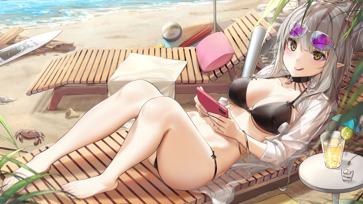 bikini, megane, open_shirt, pointy_ears, see_through, swimsuits, wet_elephant