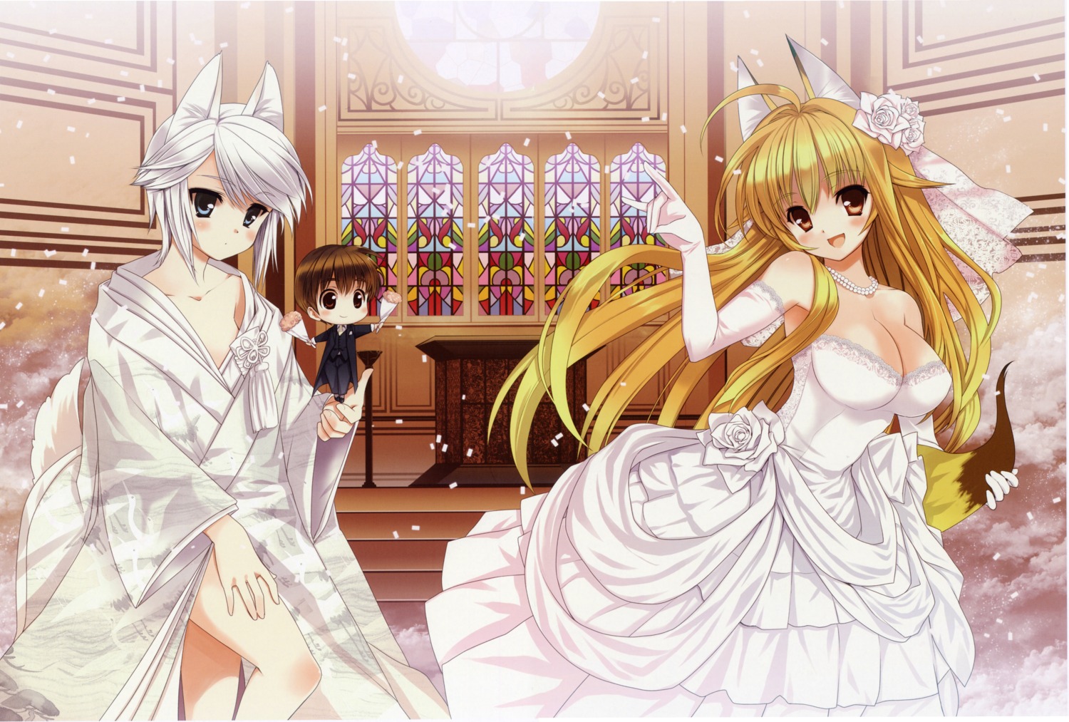 animal_ears, chibi, cleavage, dress, ezomori_nozomu, kanokon, koin, minamoto_chizuru, oyamada_kouta, wedding_dress