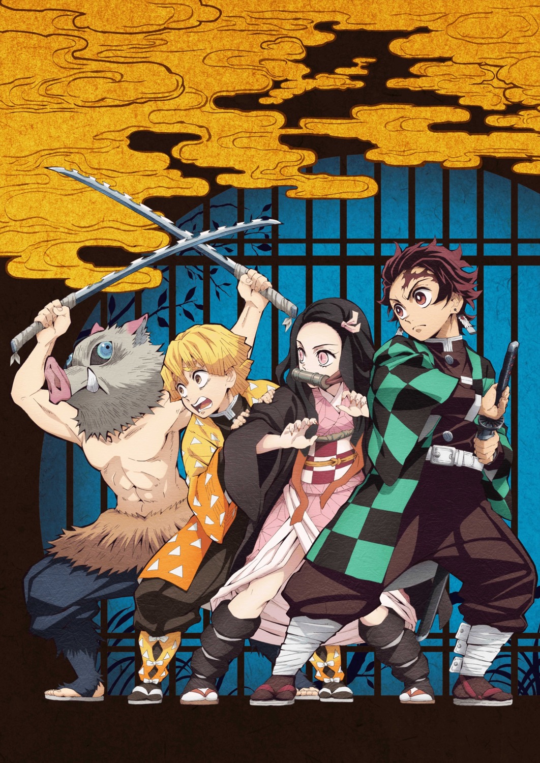 agatsuma_zenitsu, hashibira_inosuke, japanese_clothes, kamado_nezuko, kamado_tanjirou, kimetsu_no_yaiba, sword, tagme