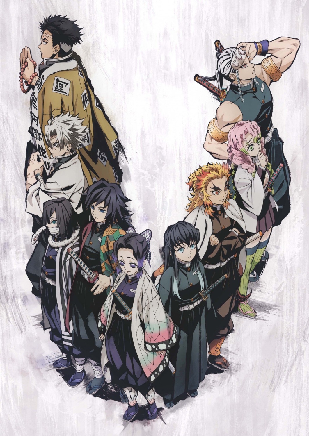 himejima_gyoumei, iguro_obanai, japanese_clothes, kaburamaru, kanroji_mitsuri, kimetsu_no_yaiba, kochou_shinobu, rengoku_kyoujurou, shinazugawa_sanemi, sword, tagme, tokitou_muichirou, tomioka_giyuu, uniform, uzui_tengen