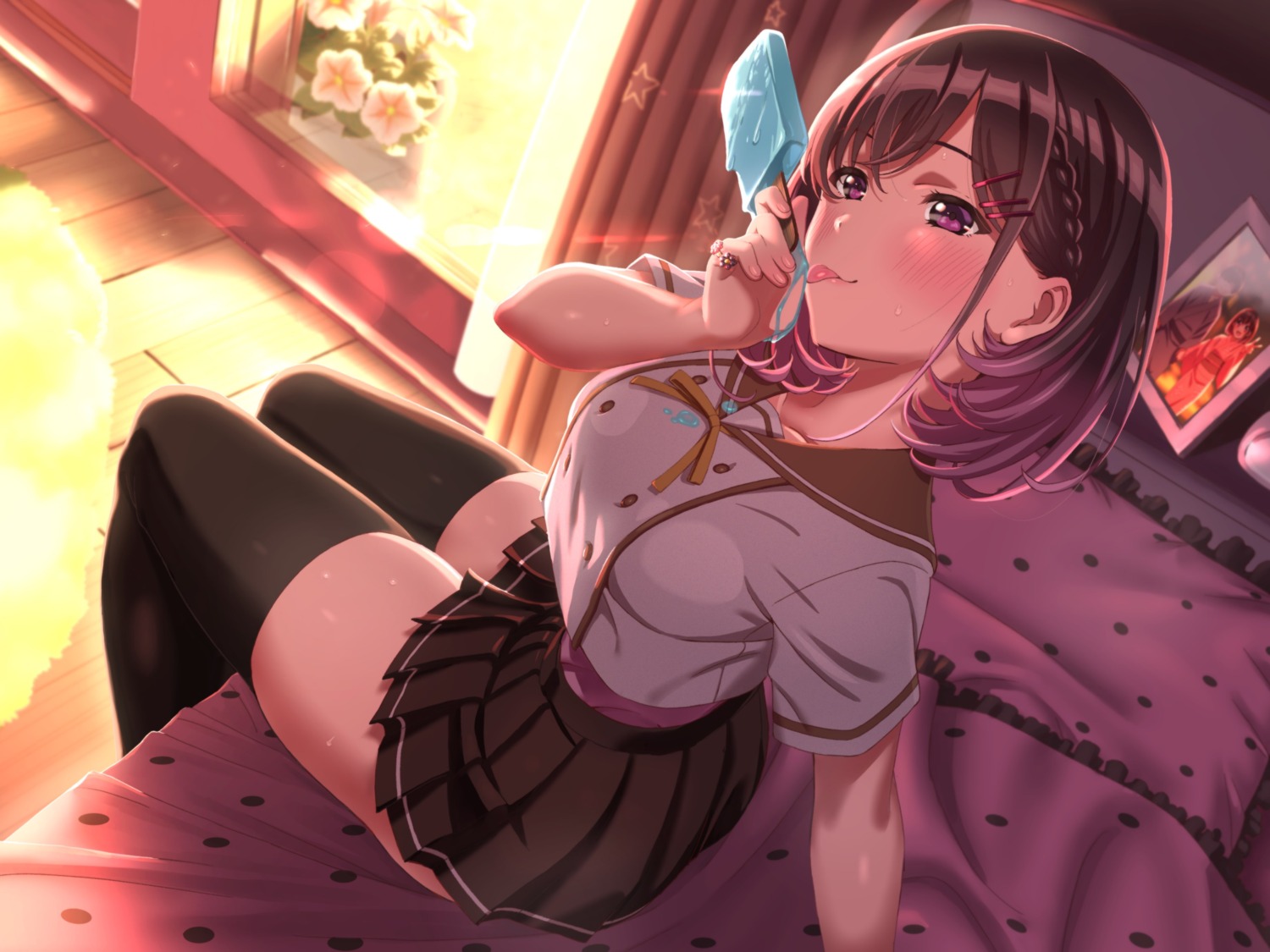 cream, qumata, seifuku, skirt_lift, thighhighs