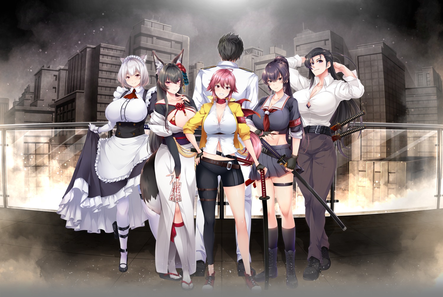 animal_ears, bra, cleavage, dress_shirt, garter, hareno_chiame, japanese_clothes, kemigawa, kitsune, maid, mdf_an, nagi_raiun, no_bra, open_shirt, propeller, seifuku, skirt_lift, sword, tail, uniform, yuzuriha_no_uta