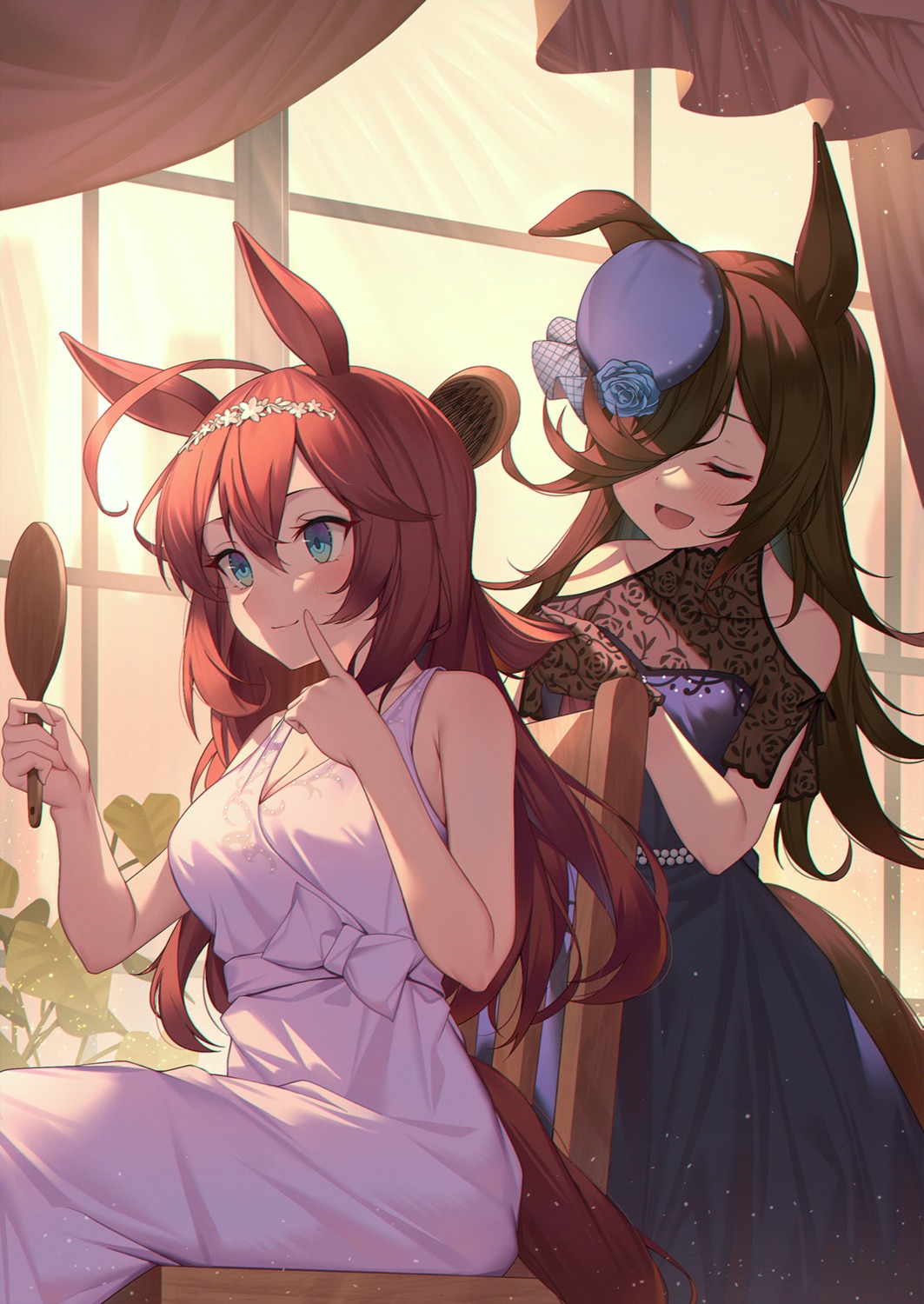 cleavage, dress, mihono_bourbon_(umamusume), rice_shower_(umamusume), tail, uma_musume_pretty_derby, yukishima_momo