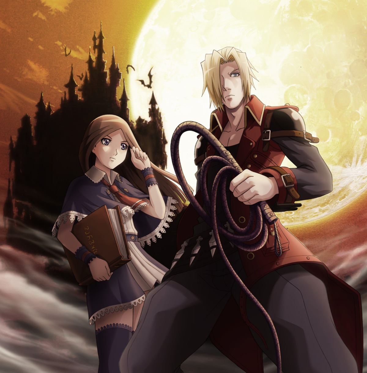 baba_ryuuichi, castlevania, castlevania:_portrait_of_ruin, charlotte_aulin, jonathan_morris, konami, thighhighs, weapon