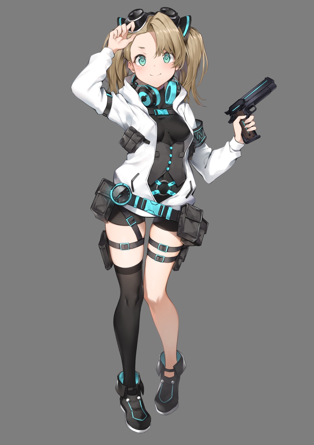 bike_shorts, counter:side, garter, gun, headphones, hinamo, thighhighs, transparent_png