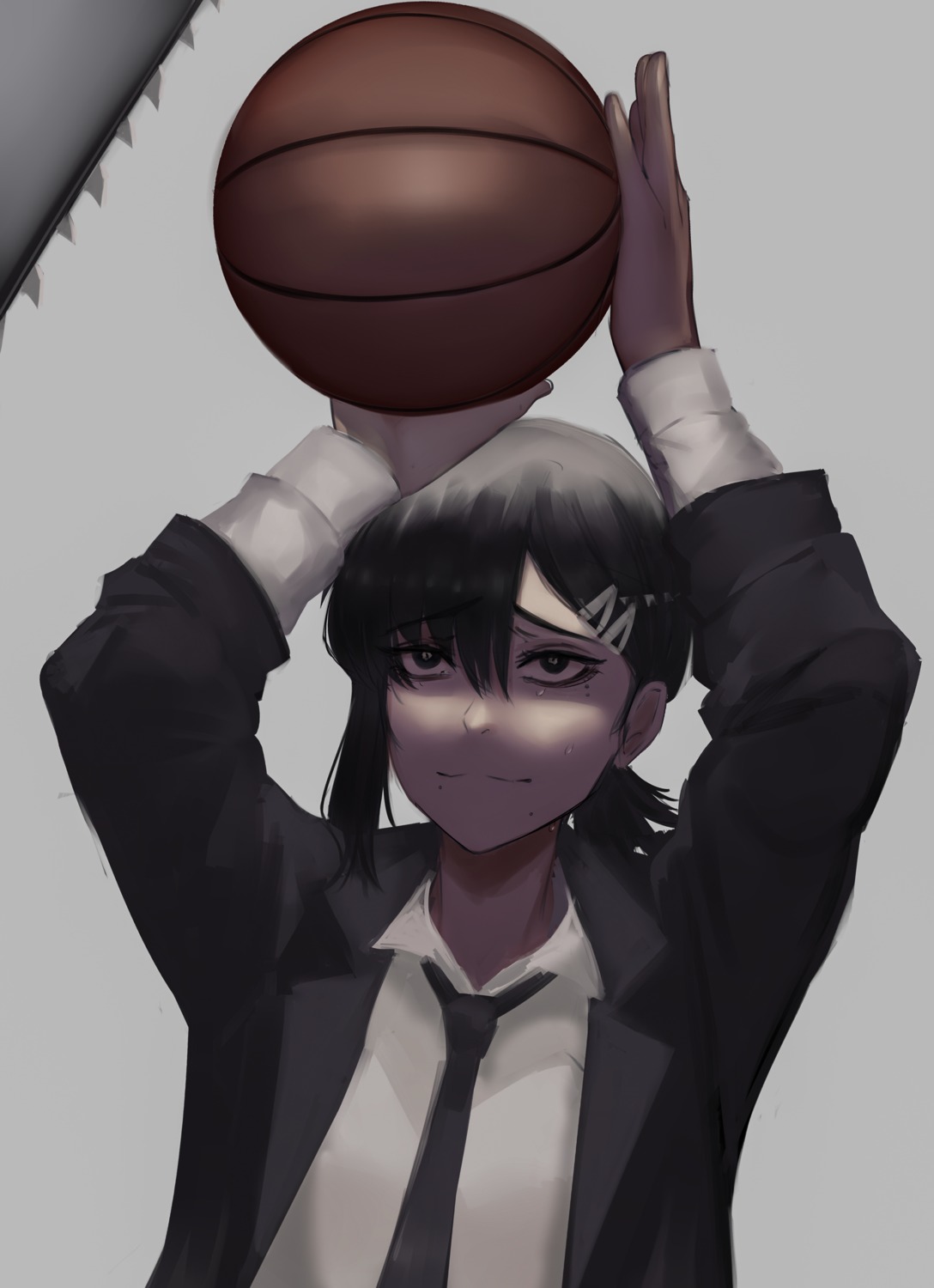 basketball, business_suit, chainsaw, chainsaw_man, higashiyama_kobeni, pochita_(chainsaw_man), zaki_(zaki_btw)