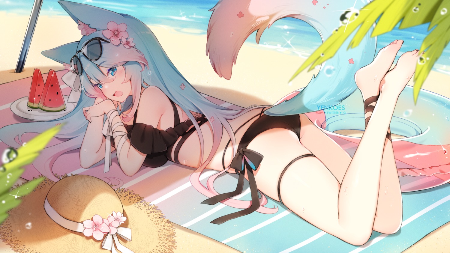 animal_ears, ass, bandages, bikini, garter, indie_virtual_youtuber, megane, silvervale, swimsuits, tail, yenkoes