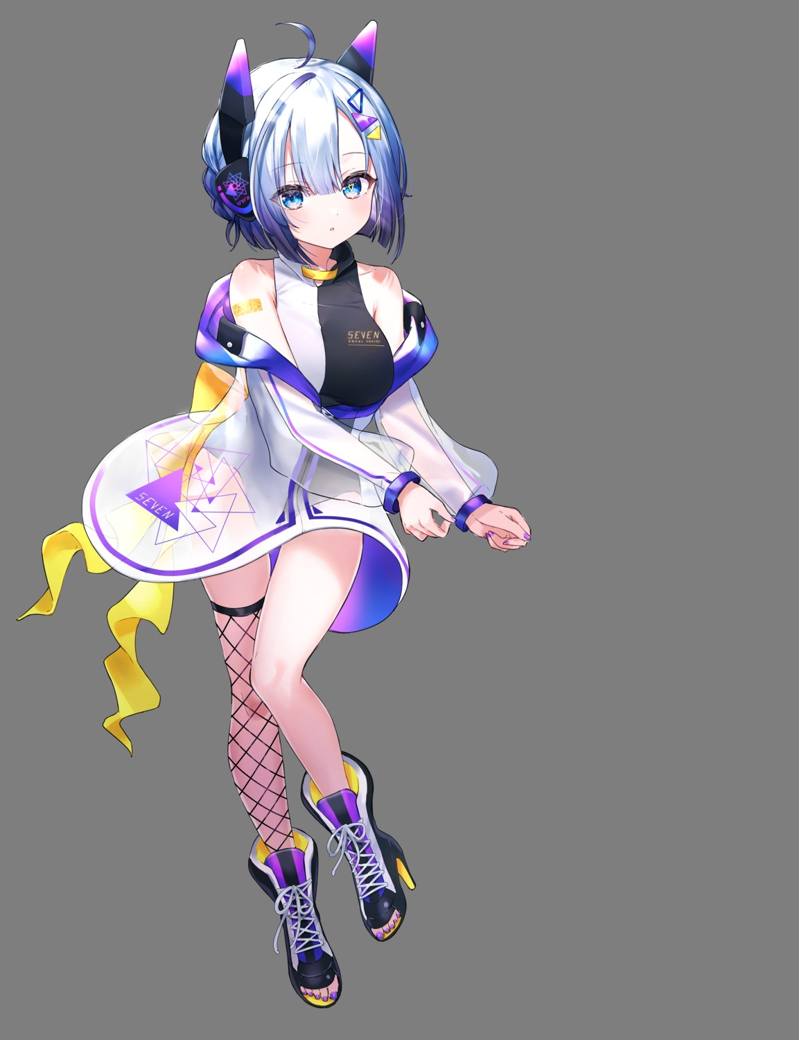 fishnets, heels, nekoyashiki_pushio, neutrino, no.7, see_through, skirt_lift, tattoo, thighhighs, transparent_png