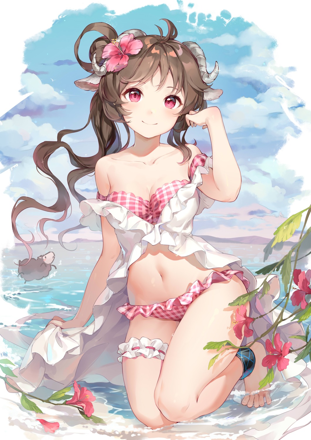 animal_ears, arknights, bikini, eyjafjalla_(arknights), garter, horns, swimsuits, ziyue