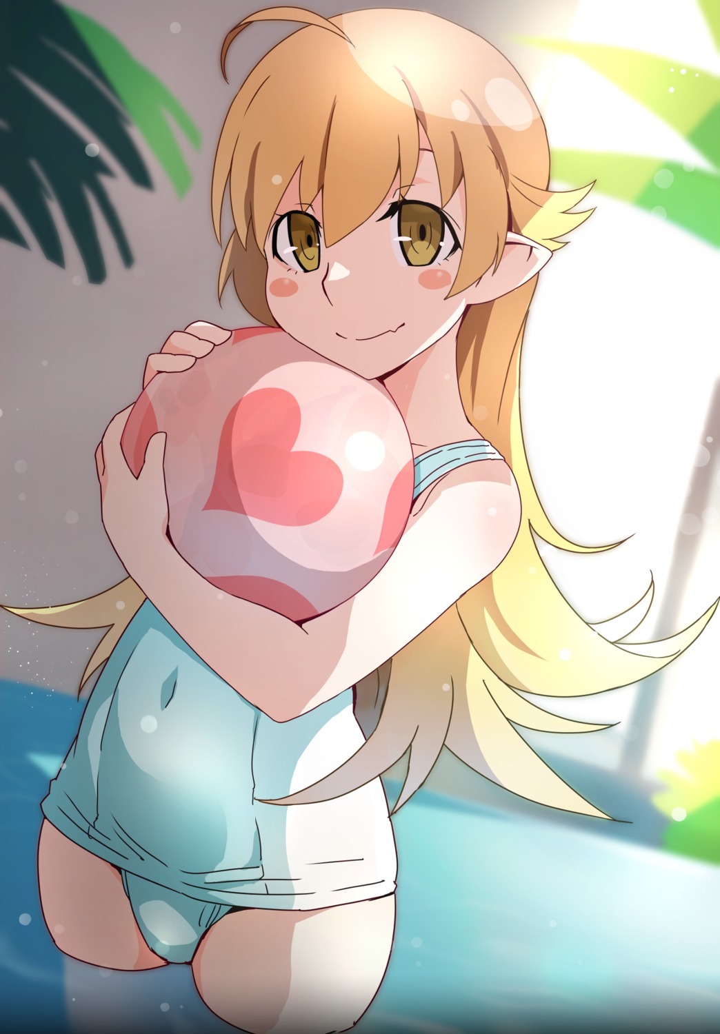 bakemonogatari, gesugesu_ahoaho, kizumonogatari, monogatari_(series), nekomonogatari, oshino_shinobu, pointy_ears, school_swimsuit, swimsuits, wet