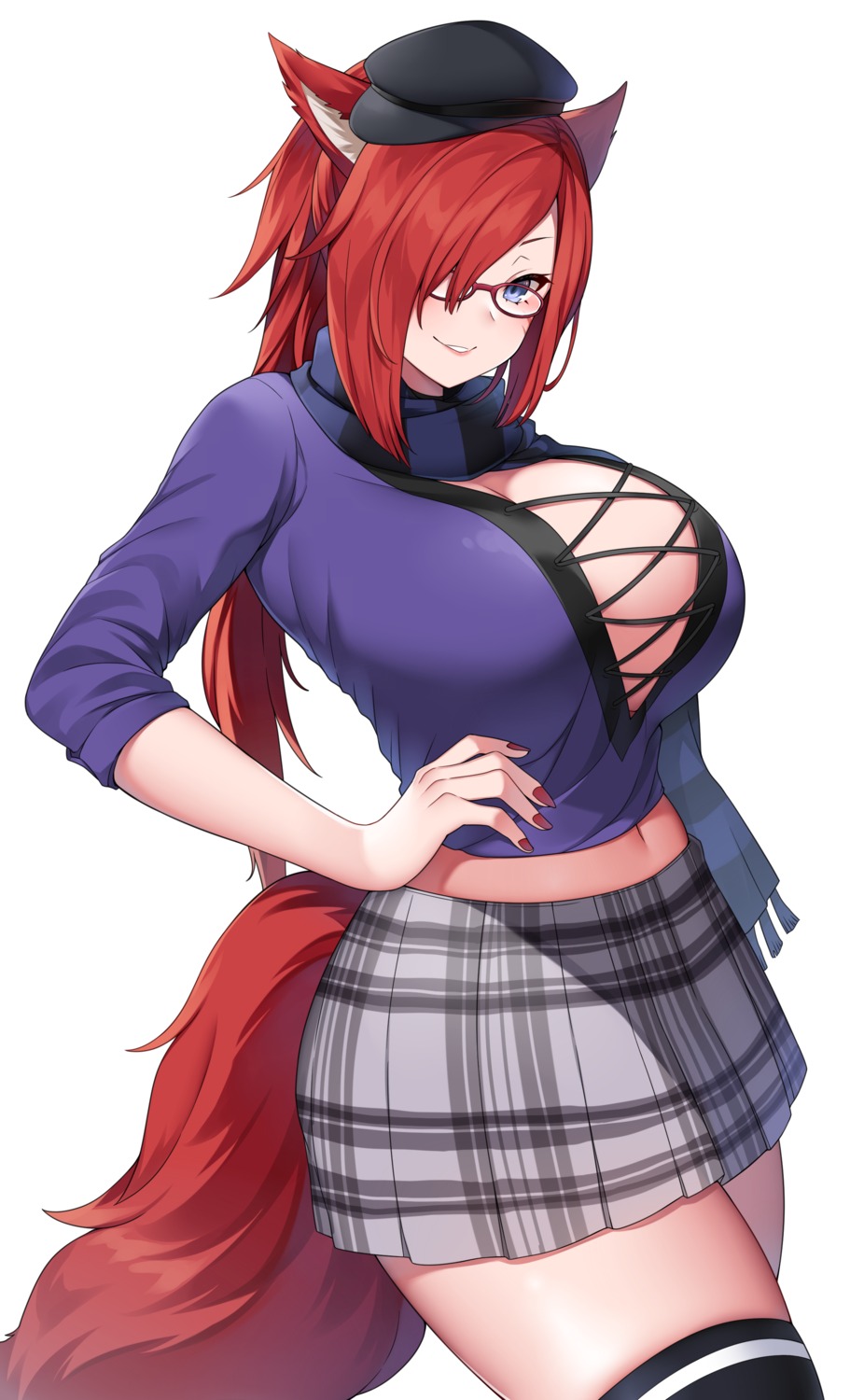 animal_ears, kitsune, megane, no_bra, suruga_(xsurugax), tail, thighhighs
