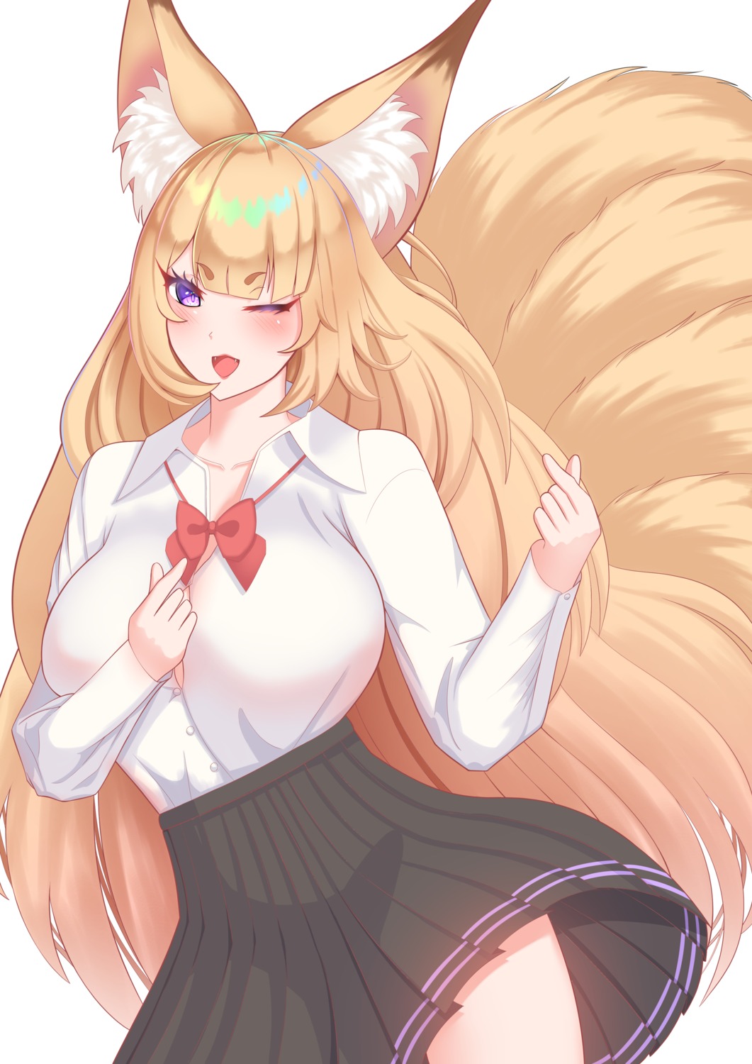 animal_ears, dress_shirt, kayou_(sennen_sensou_aigis), kitsune, open_shirt, sennen_sensou_aigis, skirt_lift, tagme, tail, undressing