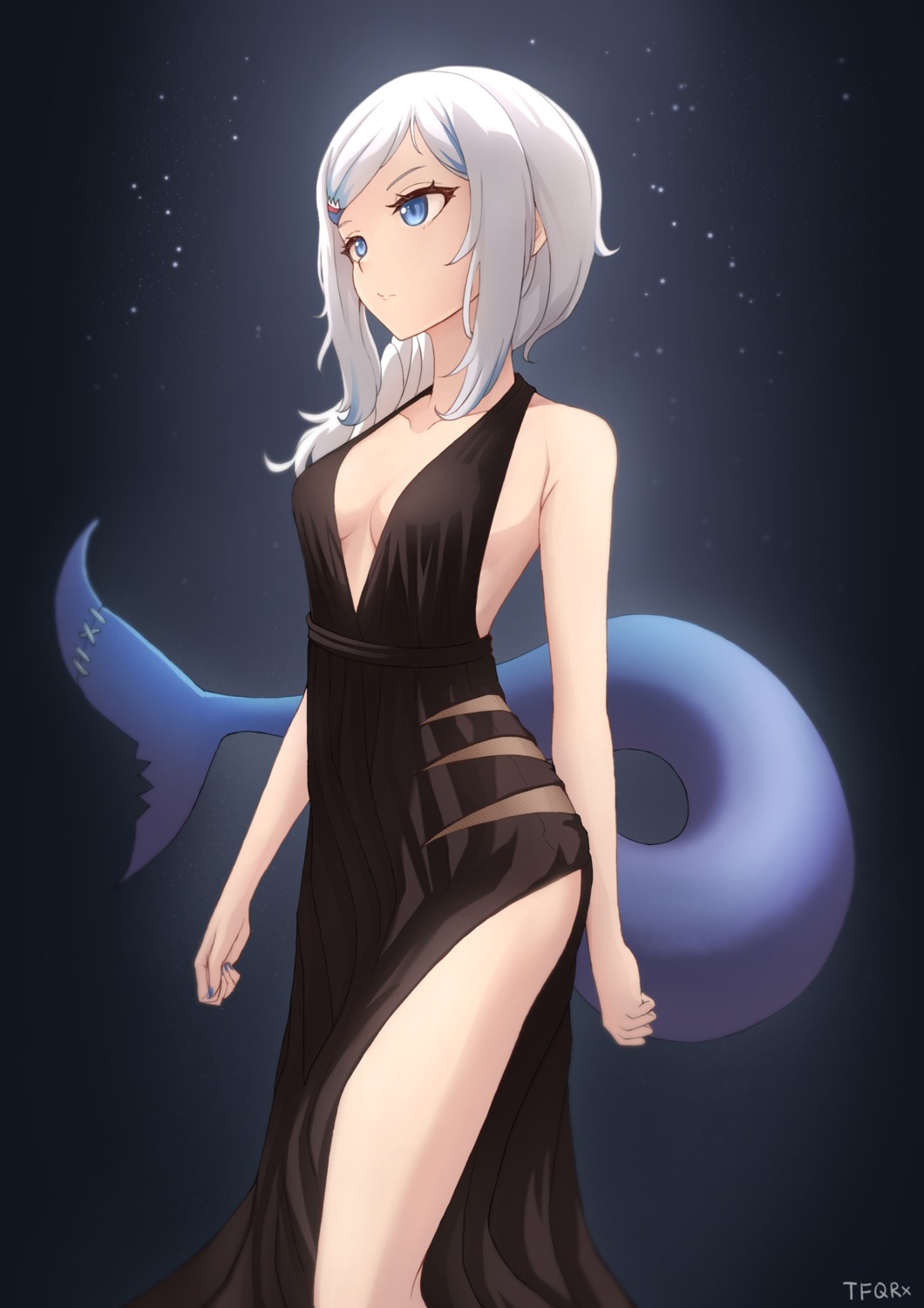 cleavage, dress, gawr_gura, hololive, hololive_english, no_bra, tail, tfqr