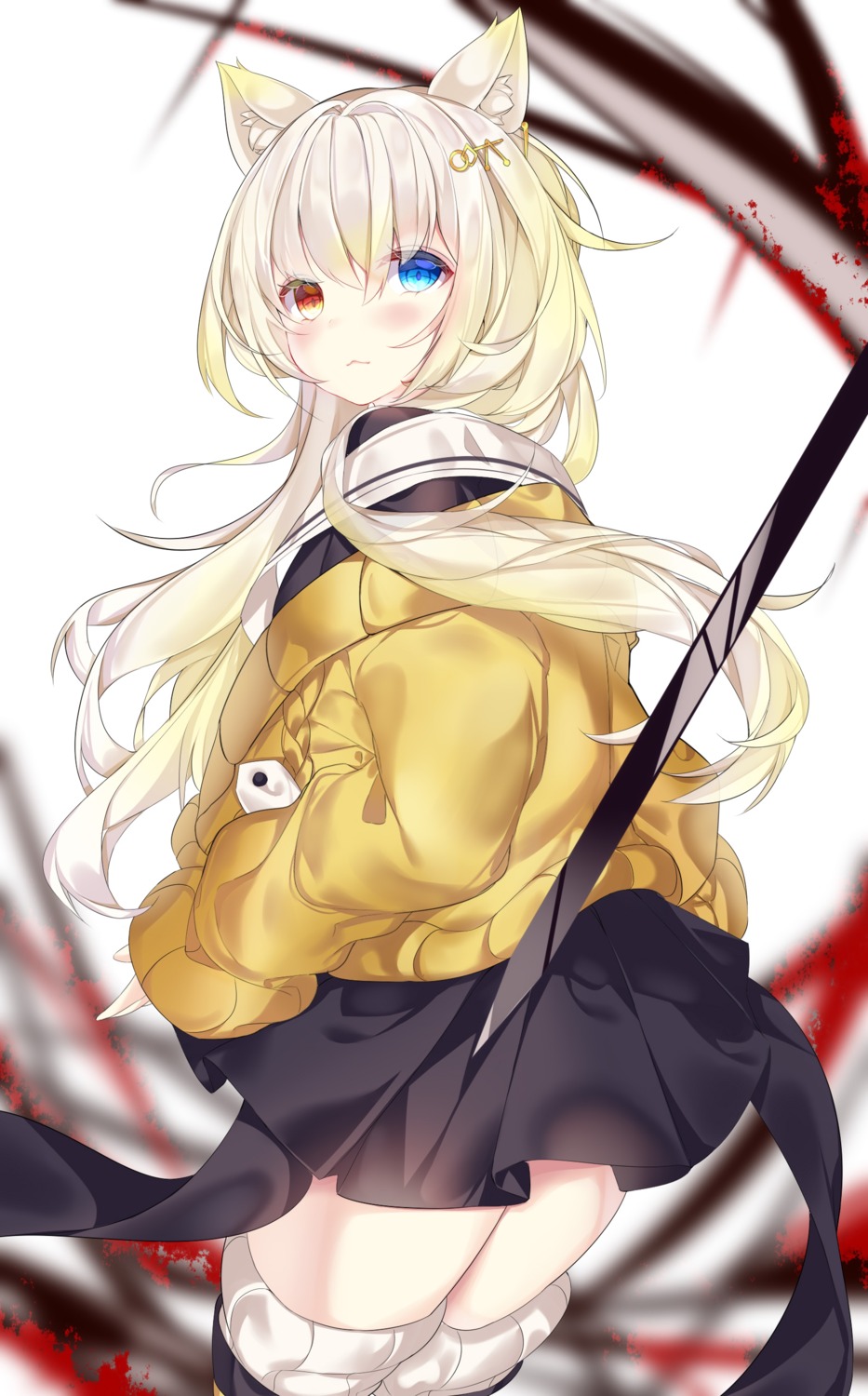 animal_ears, arknights, heterochromia, nightmare_(arknights), skirt_lift, thighhighs, zc_ling