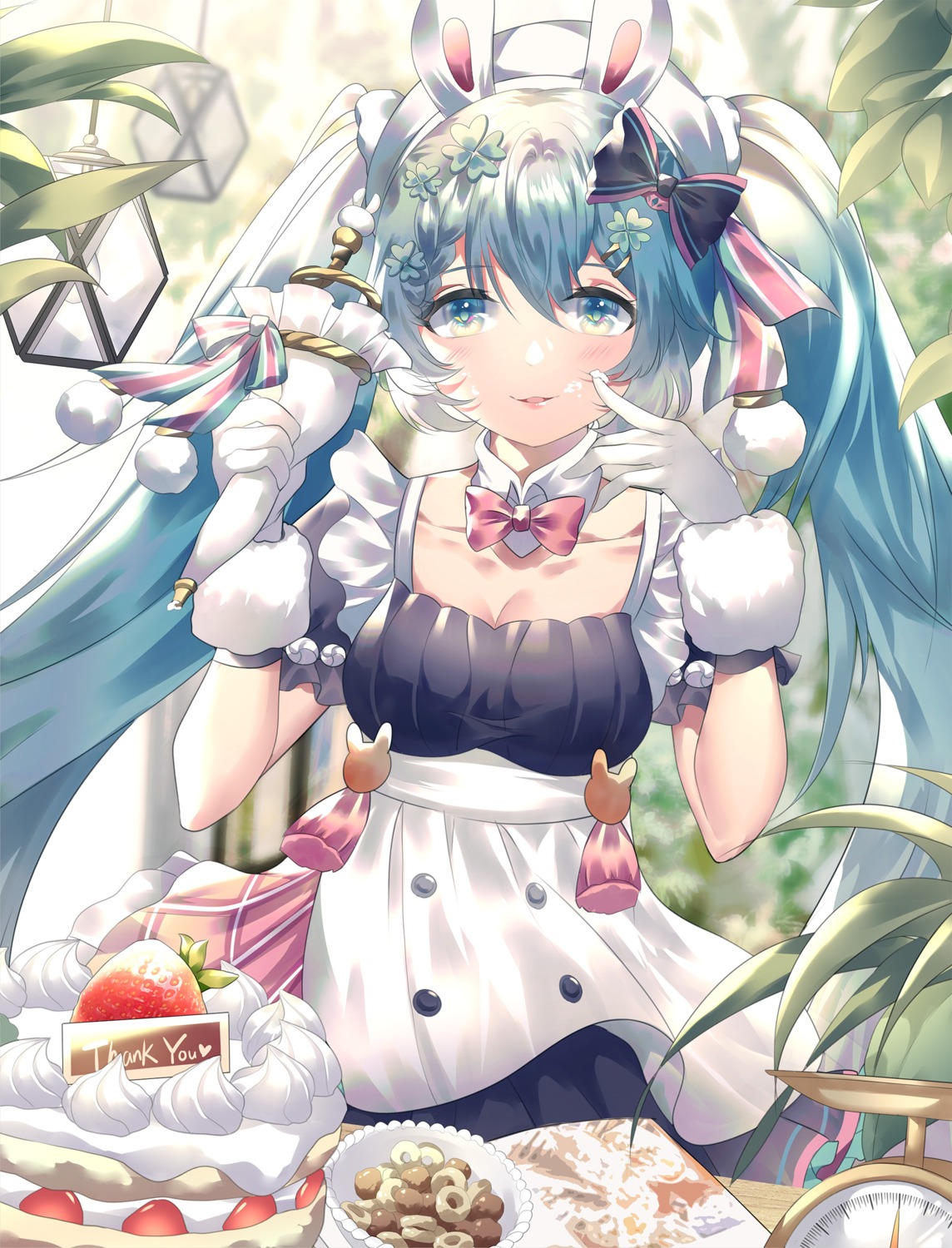 animal_ears, bunny_ears, cleavage, cream, hatsune_miku, maid, rhea_(0u0), vocaloid